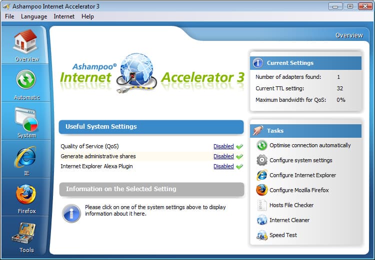 Imajen ekrã 1 husi Ashampoo Internet Accelerator 3 Key